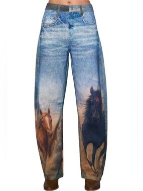 Graphic Horse-Print Wide Leg Jeans in Blue